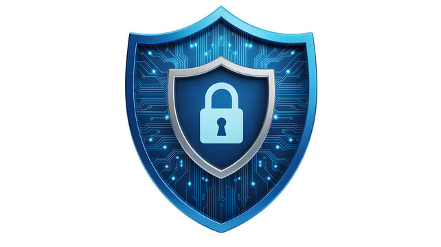 Digital security shield with padlock icon representing data protection and cyber safety