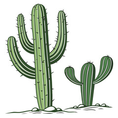 Vector art of two green saguaro cacti, one large and one small, isolated on a