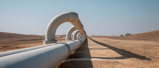 A long pipeline stretches across a barren landscape under a clear sky, showcasing industrial infrastructure in a remote area.