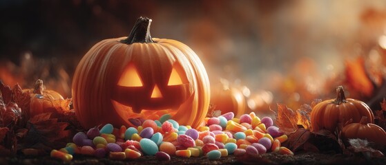 Candied halloween charm amidst autumn's embrace. Hero poster. Whimsical candy flow from a pumpkin surrounded by fall elements. Epic poster. Blockbuster art.