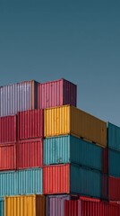 Fototapeta premium A vibrant stack of colorful shipping containers against a clear blue sky, showcasing industrial storage and transportation aesthetics.