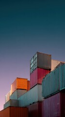 Fototapeta premium A striking arrangement of colorful shipping containers against a gradient sky, showcasing industrial design and urban landscape.