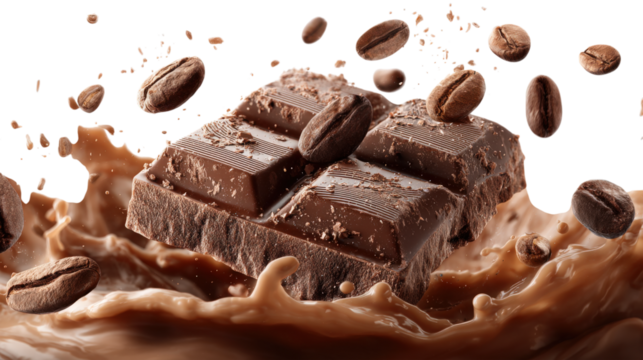 Chocolate Bar with Coffee Beans in Chocolate Splash isolated on a white background