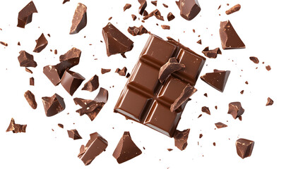 Chocolate Bar with Exploding Pieces on Background