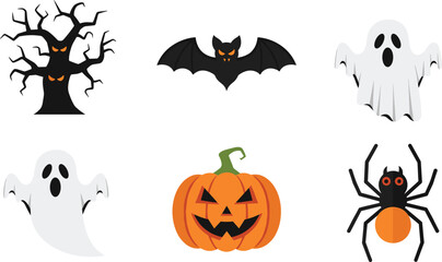 Halloween spooky vector icons with ghost, bat, pumpkin, spider, and haunted tree perfect for seasonal designs and festive decorations.