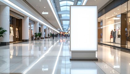 Blank vertical advertising billboard mockup in a modern, brightly lit shopping mall corridor with a reflective floor
