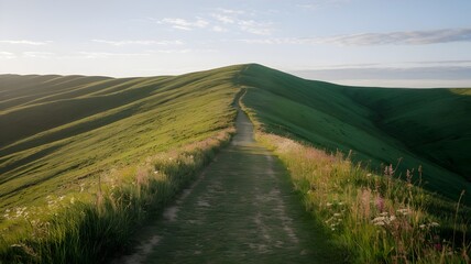 Fototapeta premium Green Hills with Pathway and Wildflowers