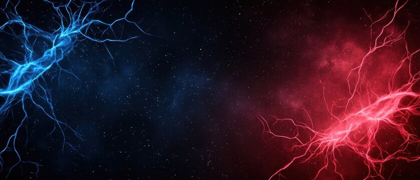 A vivid digital illustration featuring blue and red lightning bolts against a dark cosmic background, creating a dynamic and energetic visual.