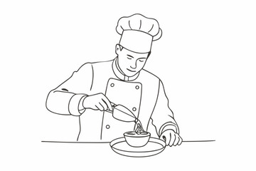 Outline of Chef Cooking &ndash; Black and White Kitchen Sketch