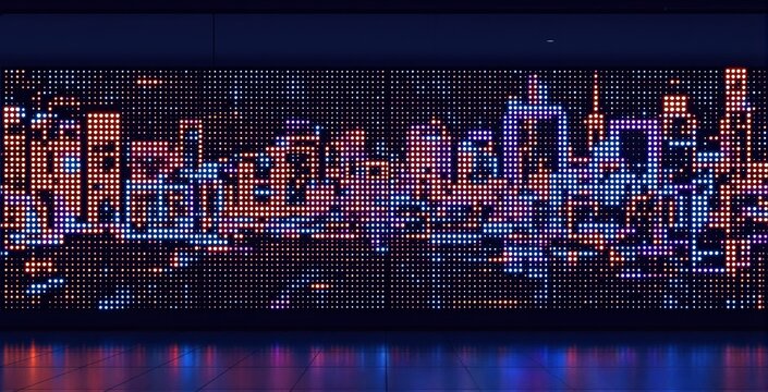 Futuristic digital cityscape made of colorful LED dots displayed on a dark wall with glowing reflections on the floor surface indoors at night. Ai generative
