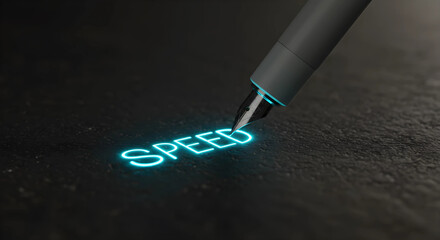 「SPEED」の光の軌跡を描くペン。ビジネスにおけるスピードと効率化、アジャイルのコンセプト背景。