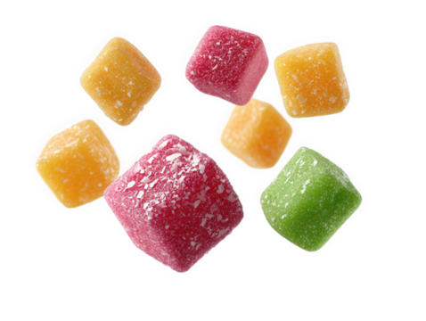 Assortment of colorful fruit flavored gumdrops isolated on transparent background