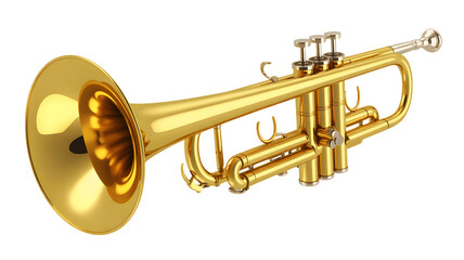 Obraz premium Elegant golden trumpet instrument isolated on black, perfect for musical themes and designs