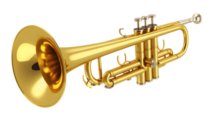 Elegant golden trumpet instrument isolated on black, perfect for musical themes and designs