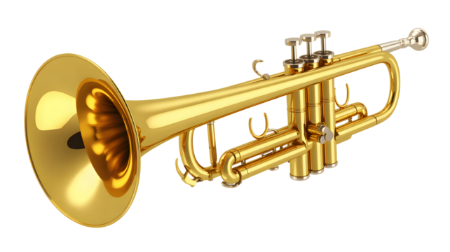 Elegant golden trumpet instrument isolated on black, perfect for musical themes and designs