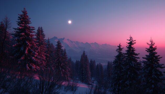 Snow-covered trees and distant mountains under a twilight sky with a full moon creating a serene winter landscape.