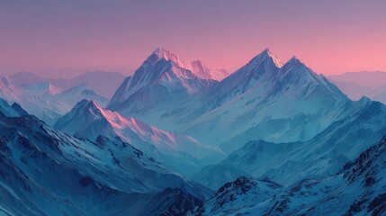 Majestic mountain peaks with snow reflecting sunset light casting a warm glow over the cold mountain range, creating a tranquil alpine Vista