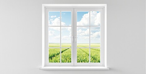 White-framed window on plain wall showing vibrant green cornfield under blue sky with fluffy clouds, symbolizing fresh air, freedom, and nature connection. Ai generative