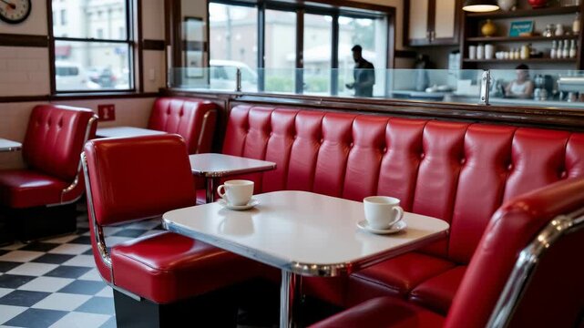 Red leather diner booth seating with white table and coffee cup on checkered floor in classic retro interior featuring cozy atmosphere and large windows creating nostalgic vibe