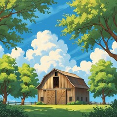 Rustic barn among green trees under a vibrant blue sky with white clouds