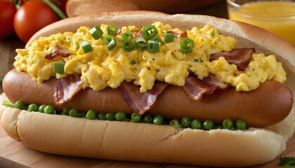 breakfast hot dog topped with eggs, bacon, and green onions