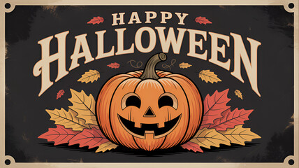 Happy halloween poster with smiling pumpkin and autumn leaves on a dark background design vector art .
