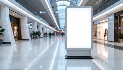 Blank vertical light box advertising mockup standing in a modern shopping mall corridor. Empty digital billboard for commercial display