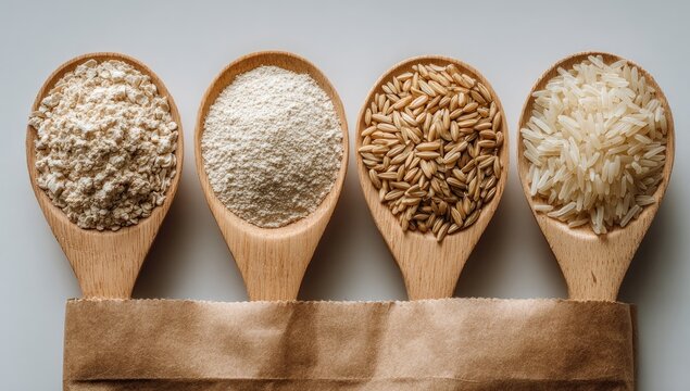 Wooden spoons hold various grains over brown paper - Powered by Adobe