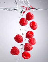 Fresh raspberries falling into water