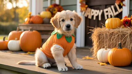 Golden retriever puppy in pumpkin costume sitting on porch with fall decorations around it outside house .