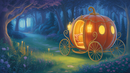 A pumpkin carriage in a magical forest with glowing lights and a path leading into the distance .
