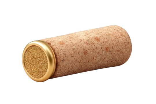 A cork wine stopper with a gold rim, isolated on a transparent background