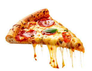 Hot Slice of Pizza with Gooey Melting Cheese on Vibrant Orange Background