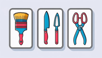 Vibrant Household and Craft Tools Collection Featuring a Brush Knives and Scissors