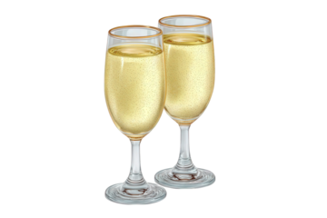 Two flute glasses filled with bubbly champagne isolated on transparent background