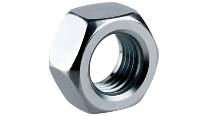 Shiny metal nut with detailed threads, perfect for engineering, construction, and industrial designs