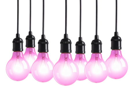 Vibrant Pink Light Bulbs Glowing Against Bright Blue Sky with Clouds