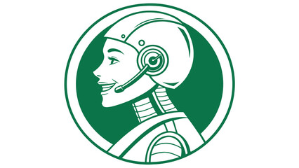 Smiling Cyborg Woman with Headset in a Green Circular Emblem