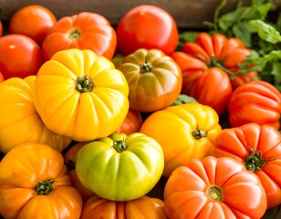 Obraz premium Colorful tomatoes in a wooden crate