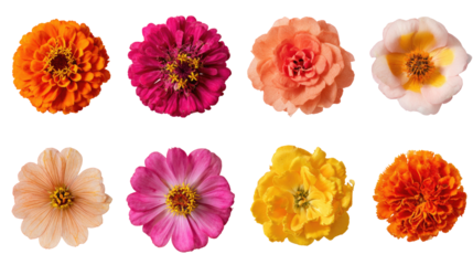 Close-up view of nine vibrant flowers, various colors,  arranged in a grid.  Each flower is a  different hue, showing detailed petals and centers