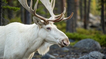 Obraz premium Close Up of Albino American Moose with Large Antlers and Blue Eyes in Forest Habitat