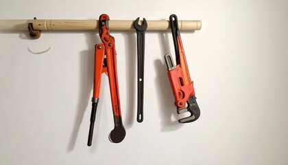 Tools hanging on a light-colored wood bar