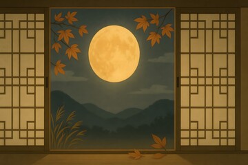 Autumn night moon at hanok window, serene background