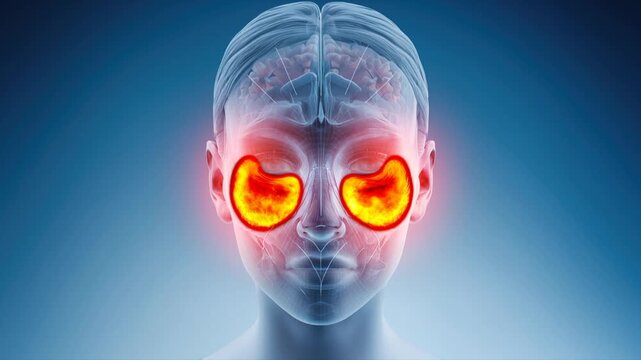 Radiology Scan of Human Skull Front View Highlighting Inflamed Sinus Area, Transparent Anatomy Visualization for Medical Education