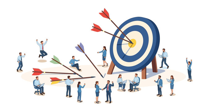 Business people celebrating success, target with arrows, teamwork, achievement, motivation, strategy, leadership, collaboration, and corporate growth.