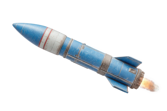 Blue rocket launching with fire and smoke, isolated on transparent background