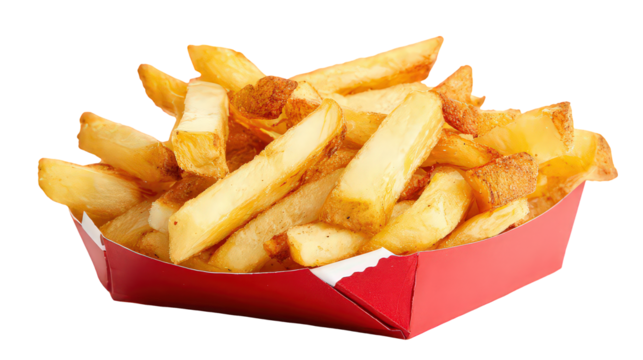 Golden French Fries in Red Cardboard Boat