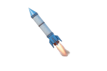 Blue rocket blasting off with flames isolated on transparent background