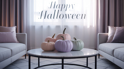 Pastel pumpkins on a marble table with happy halloween text in a bright and modern living room scene .
