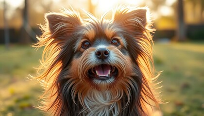 Naklejka premium Longhaired dog, playful pose, bright eyes, sunny outdoor setting, flowing fur, grass, outdoor